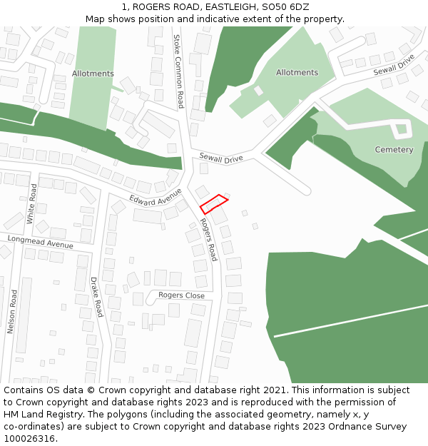 1, ROGERS ROAD, EASTLEIGH, SO50 6DZ: Location map and indicative extent of plot