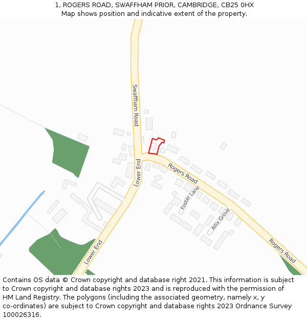 1, ROGERS ROAD, SWAFFHAM PRIOR, CAMBRIDGE, CB25 0HX: Location map and indicative extent of plot