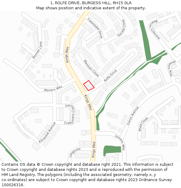 1, ROLFE DRIVE, BURGESS HILL, RH15 0LA: Location map and indicative extent of plot