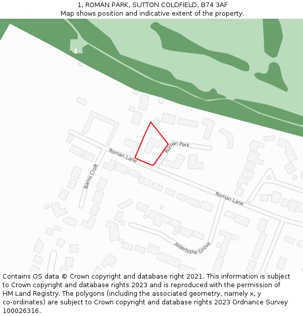 1, ROMAN PARK, SUTTON COLDFIELD, B74 3AF: Location map and indicative extent of plot