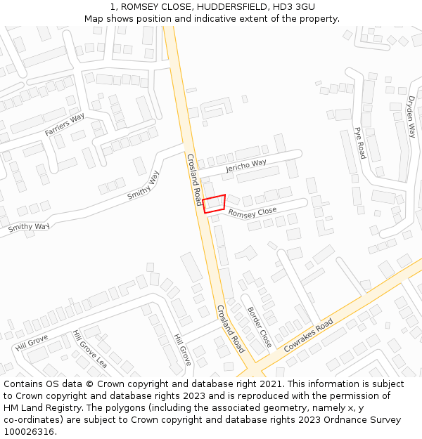 1, ROMSEY CLOSE, HUDDERSFIELD, HD3 3GU: Location map and indicative extent of plot