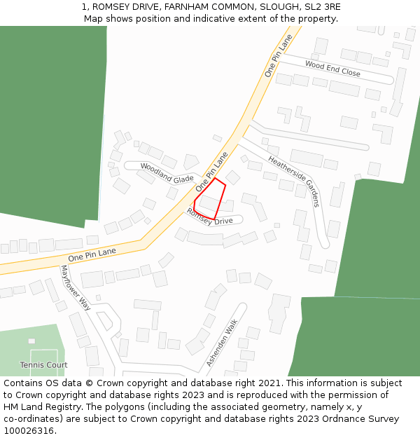 1, ROMSEY DRIVE, FARNHAM COMMON, SLOUGH, SL2 3RE: Location map and indicative extent of plot