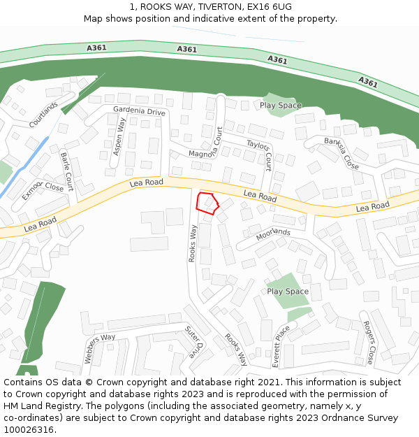 1, ROOKS WAY, TIVERTON, EX16 6UG: Location map and indicative extent of plot