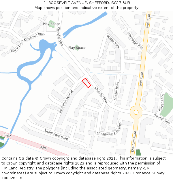 1, ROOSEVELT AVENUE, SHEFFORD, SG17 5UR: Location map and indicative extent of plot