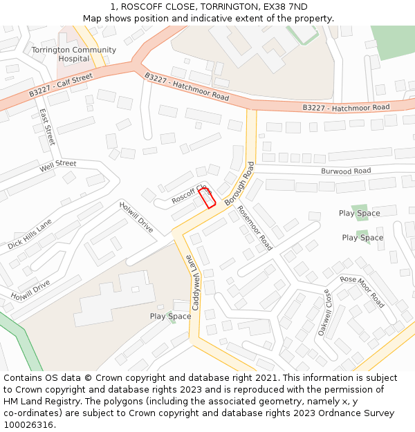 1, ROSCOFF CLOSE, TORRINGTON, EX38 7ND: Location map and indicative extent of plot