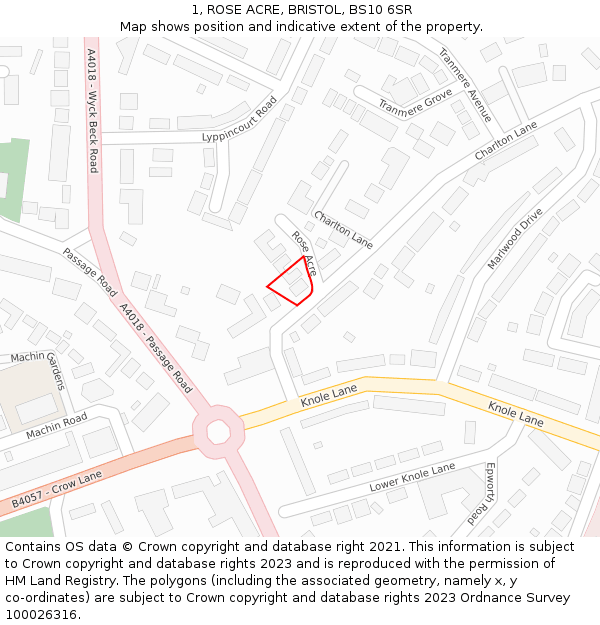 1, ROSE ACRE, BRISTOL, BS10 6SR: Location map and indicative extent of plot