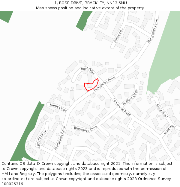 1, ROSE DRIVE, BRACKLEY, NN13 6NU: Location map and indicative extent of plot