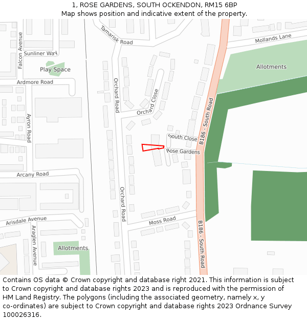 1, ROSE GARDENS, SOUTH OCKENDON, RM15 6BP: Location map and indicative extent of plot