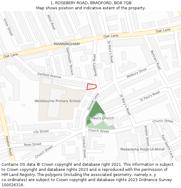 1, ROSEBERY ROAD, BRADFORD, BD8 7QB: Location map and indicative extent of plot