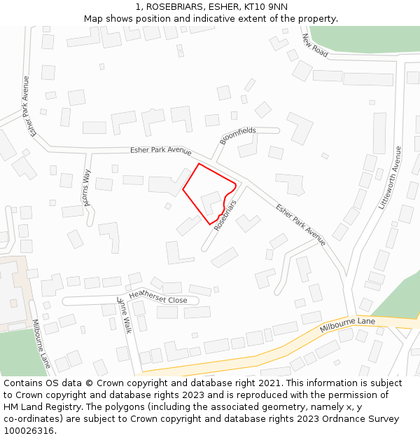 1, ROSEBRIARS, ESHER, KT10 9NN: Location map and indicative extent of plot