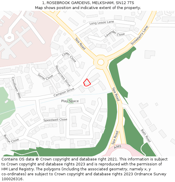 1, ROSEBROOK GARDENS, MELKSHAM, SN12 7TS: Location map and indicative extent of plot