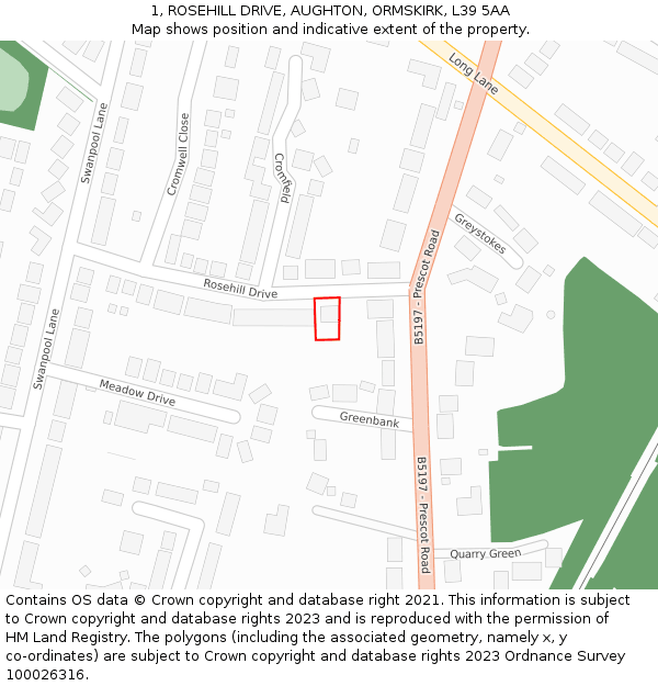 1, ROSEHILL DRIVE, AUGHTON, ORMSKIRK, L39 5AA: Location map and indicative extent of plot