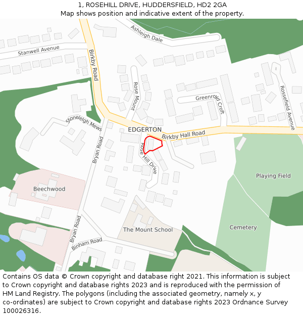 1, ROSEHILL DRIVE, HUDDERSFIELD, HD2 2GA: Location map and indicative extent of plot