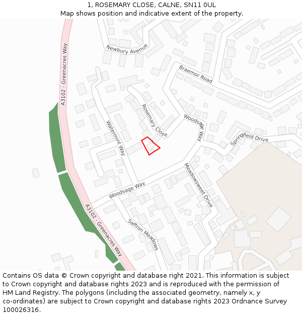 1, ROSEMARY CLOSE, CALNE, SN11 0UL: Location map and indicative extent of plot