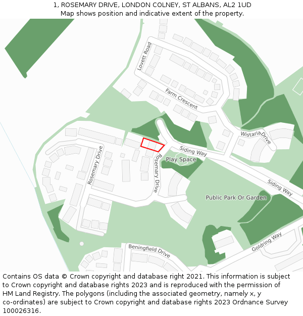 1, ROSEMARY DRIVE, LONDON COLNEY, ST ALBANS, AL2 1UD: Location map and indicative extent of plot