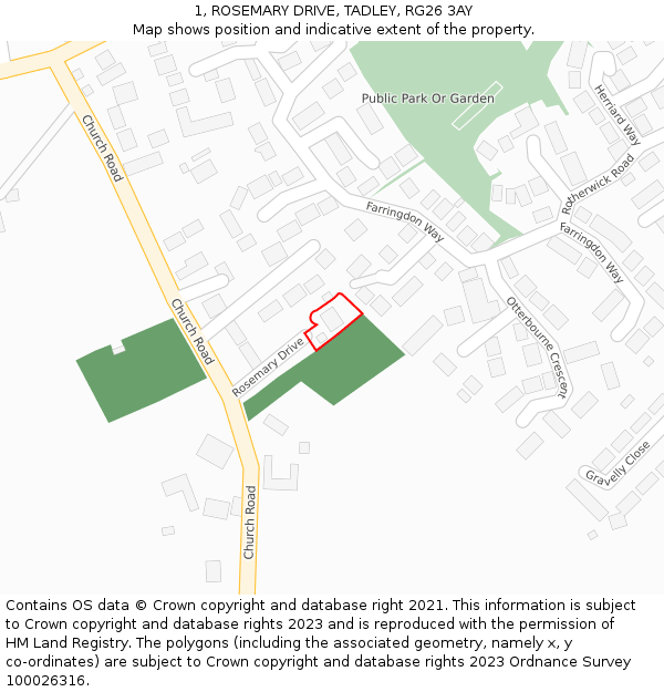 1, ROSEMARY DRIVE, TADLEY, RG26 3AY: Location map and indicative extent of plot