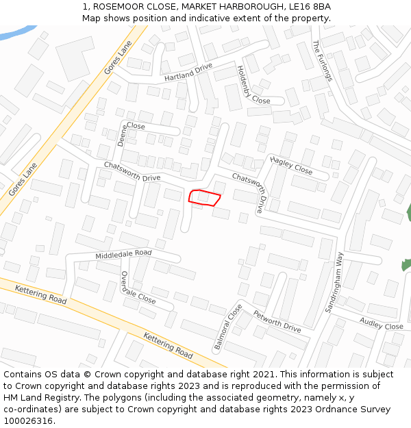 1, ROSEMOOR CLOSE, MARKET HARBOROUGH, LE16 8BA: Location map and indicative extent of plot