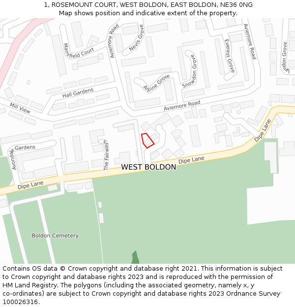 1, ROSEMOUNT COURT, WEST BOLDON, EAST BOLDON, NE36 0NG: Location map and indicative extent of plot