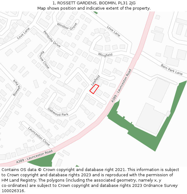 1, ROSSETT GARDENS, BODMIN, PL31 2JG: Location map and indicative extent of plot