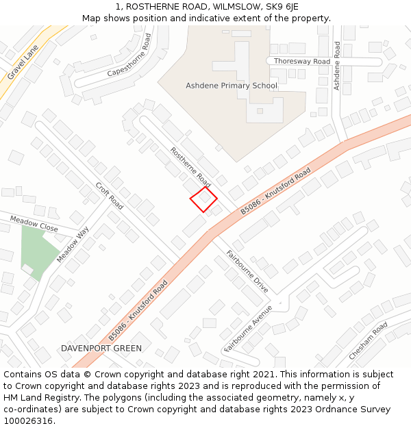 1, ROSTHERNE ROAD, WILMSLOW, SK9 6JE: Location map and indicative extent of plot