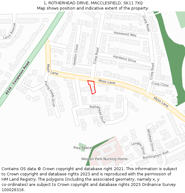 1, ROTHERHEAD DRIVE, MACCLESFIELD, SK11 7XQ: Location map and indicative extent of plot