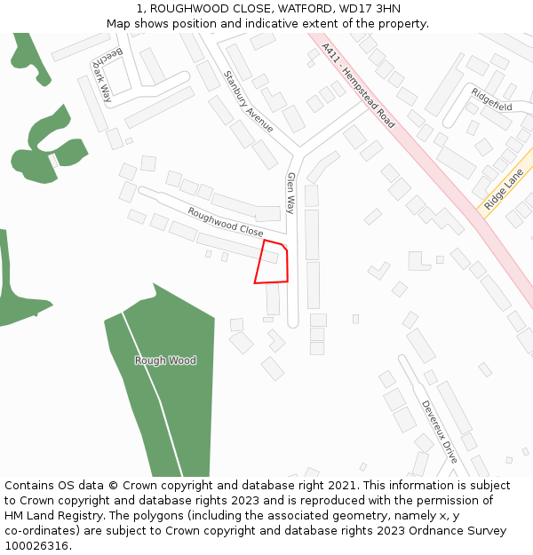 1, ROUGHWOOD CLOSE, WATFORD, WD17 3HN: Location map and indicative extent of plot