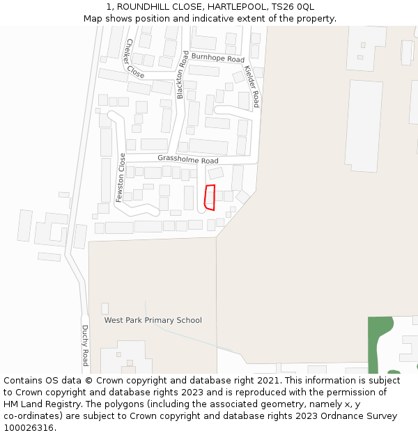 1, ROUNDHILL CLOSE, HARTLEPOOL, TS26 0QL: Location map and indicative extent of plot