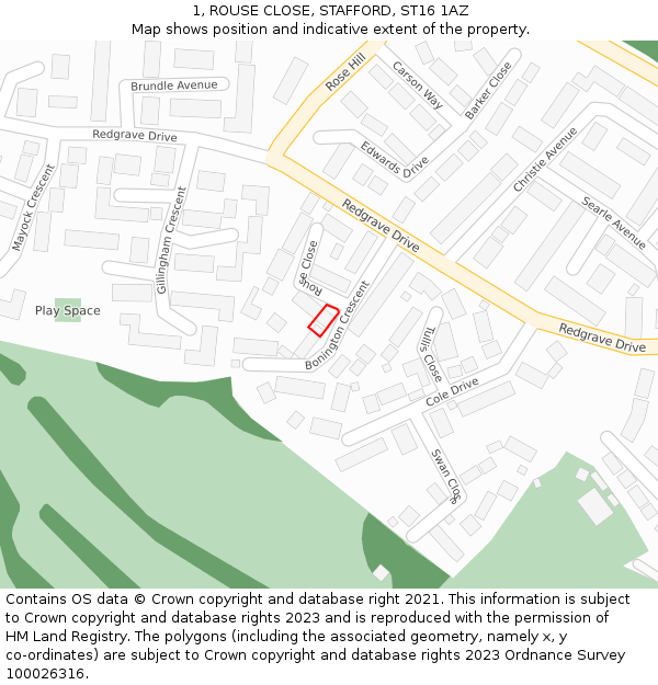 1, ROUSE CLOSE, STAFFORD, ST16 1AZ: Location map and indicative extent of plot