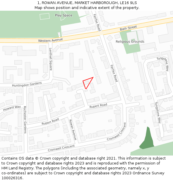 1, ROWAN AVENUE, MARKET HARBOROUGH, LE16 9LS: Location map and indicative extent of plot