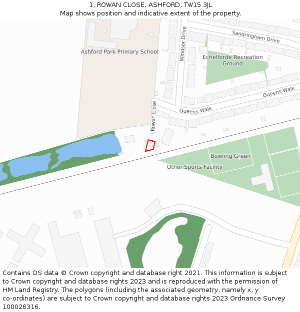 1, ROWAN CLOSE, ASHFORD, TW15 3JL: Location map and indicative extent of plot