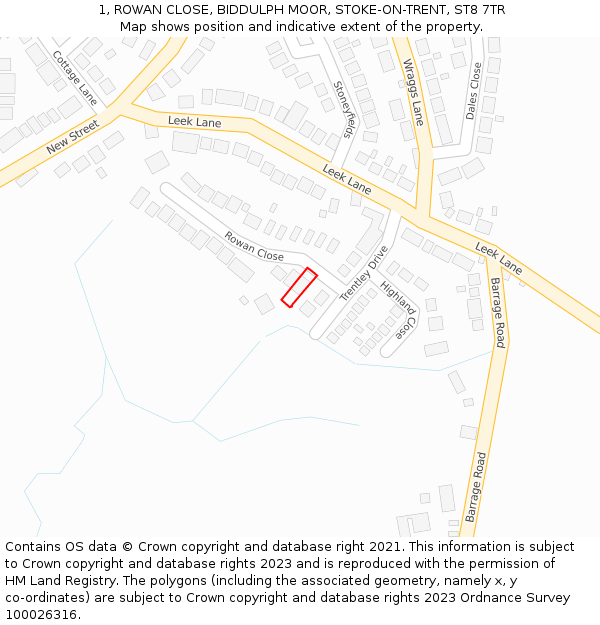 1, ROWAN CLOSE, BIDDULPH MOOR, STOKE-ON-TRENT, ST8 7TR: Location map and indicative extent of plot