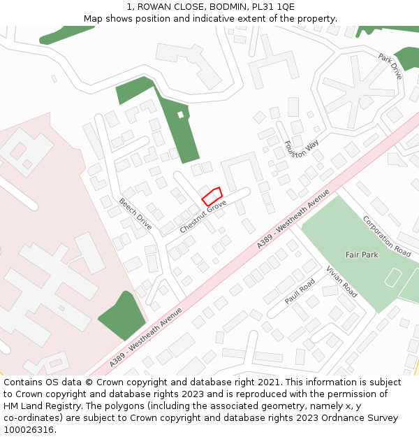 1, ROWAN CLOSE, BODMIN, PL31 1QE: Location map and indicative extent of plot