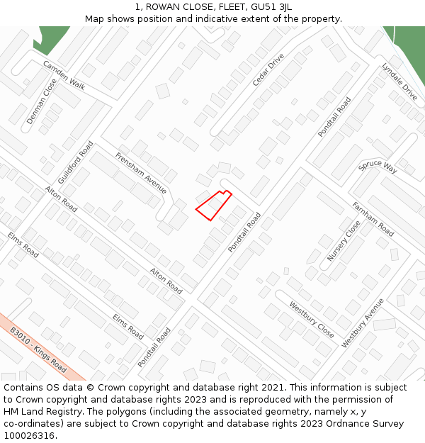 1, ROWAN CLOSE, FLEET, GU51 3JL: Location map and indicative extent of plot