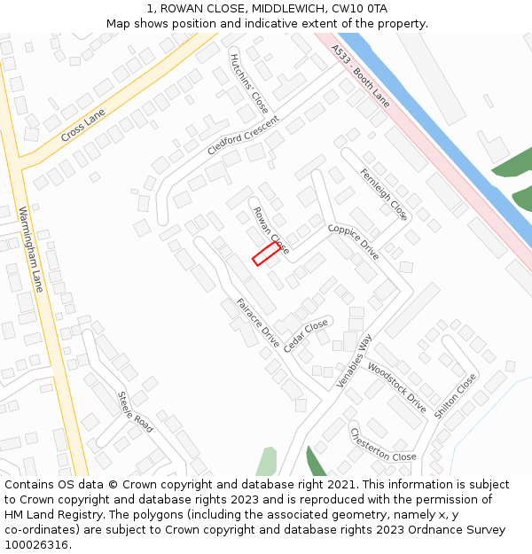 1, ROWAN CLOSE, MIDDLEWICH, CW10 0TA: Location map and indicative extent of plot