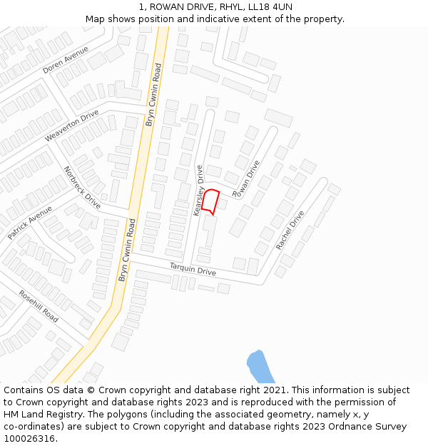 1, ROWAN DRIVE, RHYL, LL18 4UN: Location map and indicative extent of plot