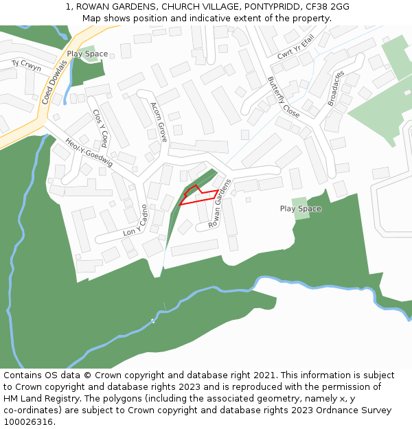 1, ROWAN GARDENS, CHURCH VILLAGE, PONTYPRIDD, CF38 2GG: Location map and indicative extent of plot