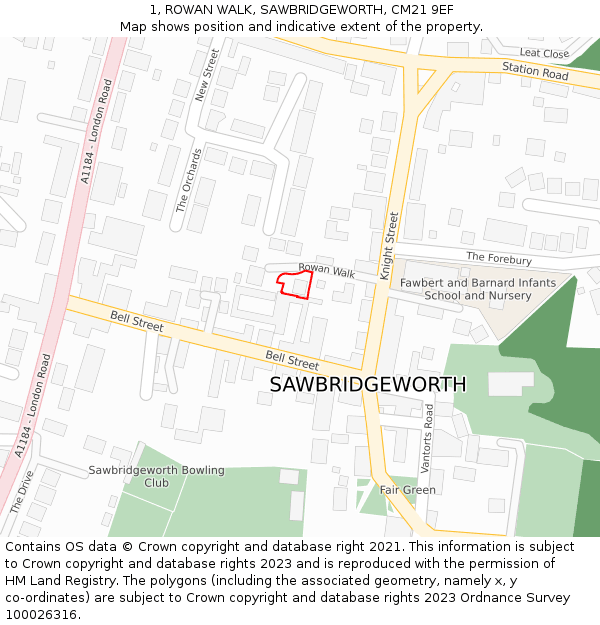 1, ROWAN WALK, SAWBRIDGEWORTH, CM21 9EF: Location map and indicative extent of plot