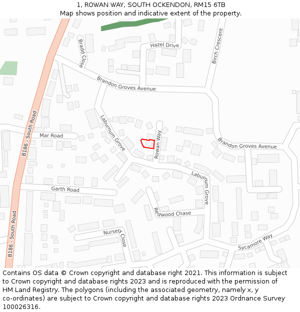 1, ROWAN WAY, SOUTH OCKENDON, RM15 6TB: Location map and indicative extent of plot
