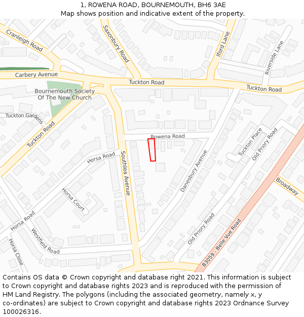 1, ROWENA ROAD, BOURNEMOUTH, BH6 3AE: Location map and indicative extent of plot