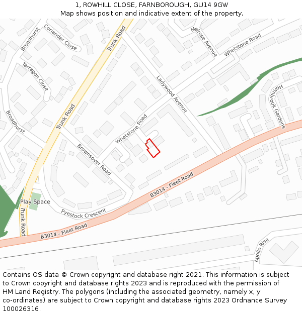 1, ROWHILL CLOSE, FARNBOROUGH, GU14 9GW: Location map and indicative extent of plot