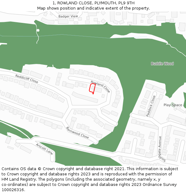 1, ROWLAND CLOSE, PLYMOUTH, PL9 9TH: Location map and indicative extent of plot