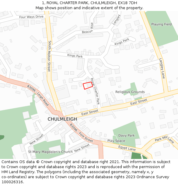 1, ROYAL CHARTER PARK, CHULMLEIGH, EX18 7DH: Location map and indicative extent of plot