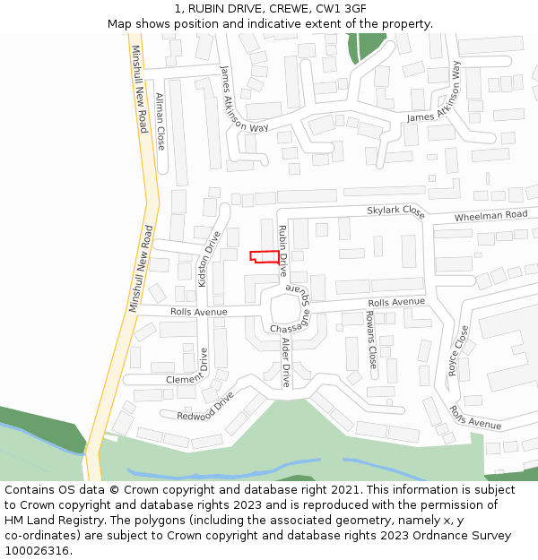 1, RUBIN DRIVE, CREWE, CW1 3GF: Location map and indicative extent of plot