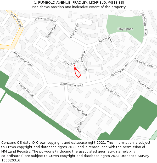 1, RUMBOLD AVENUE, FRADLEY, LICHFIELD, WS13 8SJ: Location map and indicative extent of plot