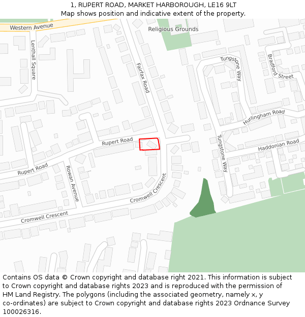 1, RUPERT ROAD, MARKET HARBOROUGH, LE16 9LT: Location map and indicative extent of plot