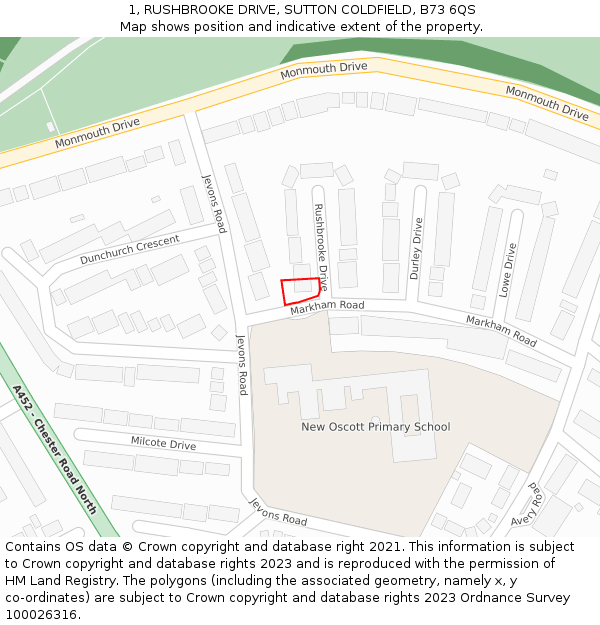 1, RUSHBROOKE DRIVE, SUTTON COLDFIELD, B73 6QS: Location map and indicative extent of plot