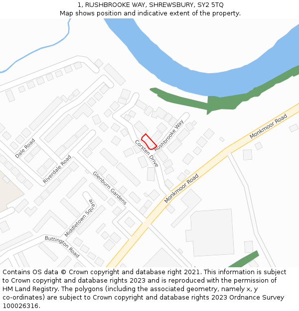 1, RUSHBROOKE WAY, SHREWSBURY, SY2 5TQ: Location map and indicative extent of plot