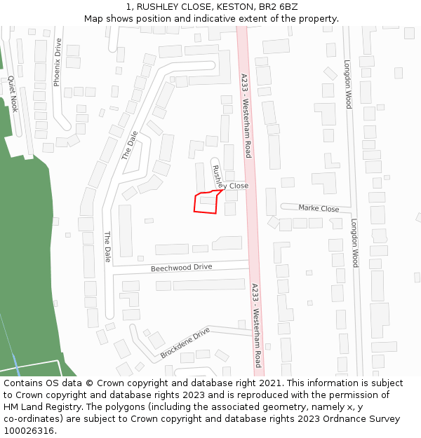 1, RUSHLEY CLOSE, KESTON, BR2 6BZ: Location map and indicative extent of plot