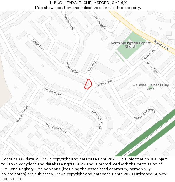 1, RUSHLEYDALE, CHELMSFORD, CM1 6JX: Location map and indicative extent of plot