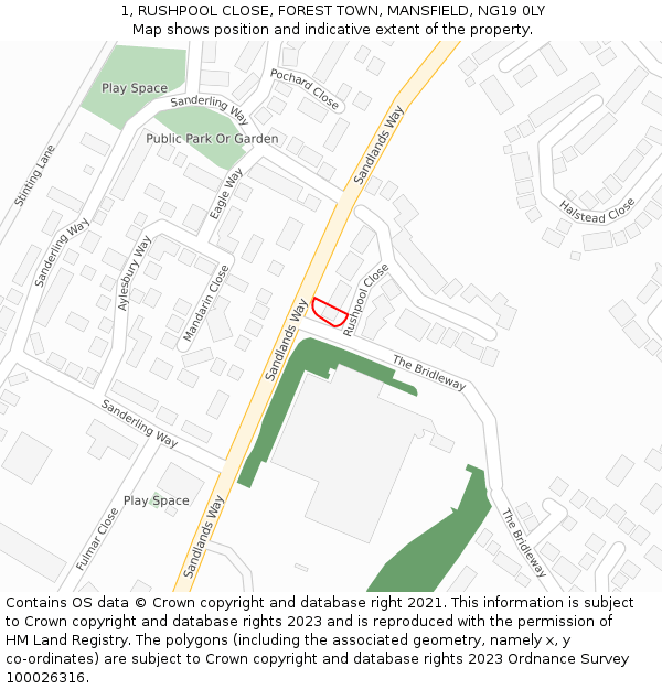 1, RUSHPOOL CLOSE, FOREST TOWN, MANSFIELD, NG19 0LY: Location map and indicative extent of plot